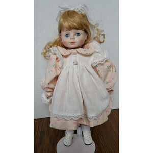 Blonde Haired Blue Eyed Girl in Pink Flower Dress 14 Inch Porcelain Doll